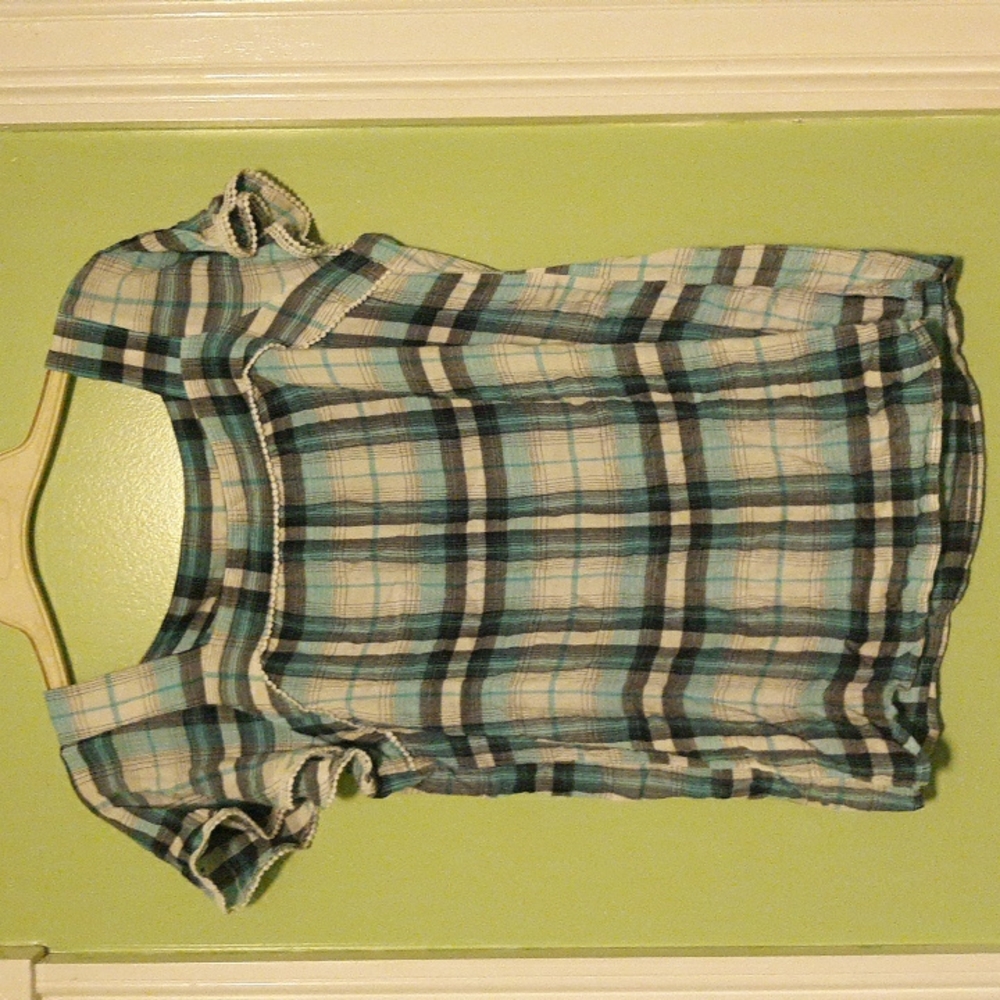 Blue/ black plaid peasant style top,  sz S